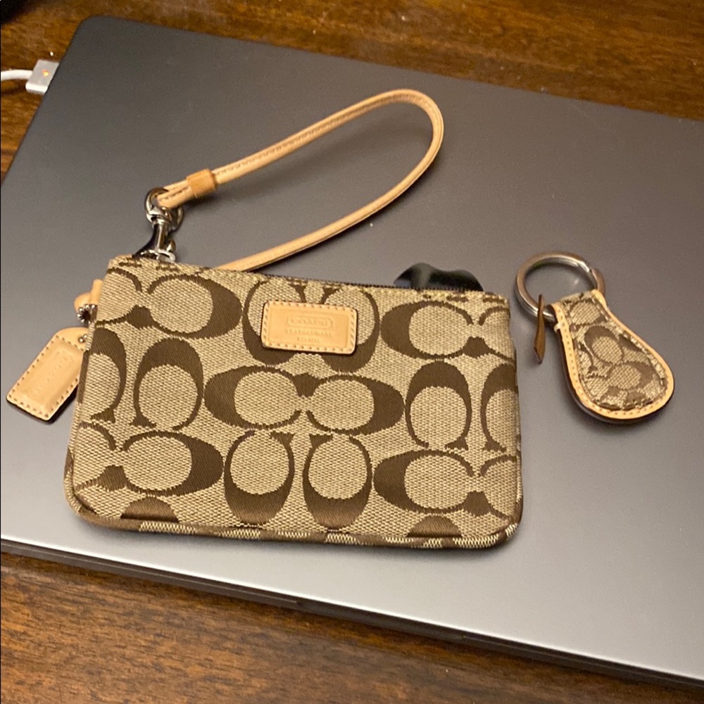 Vintage Coach Tan and Brown Signature Wristlet and Keychain